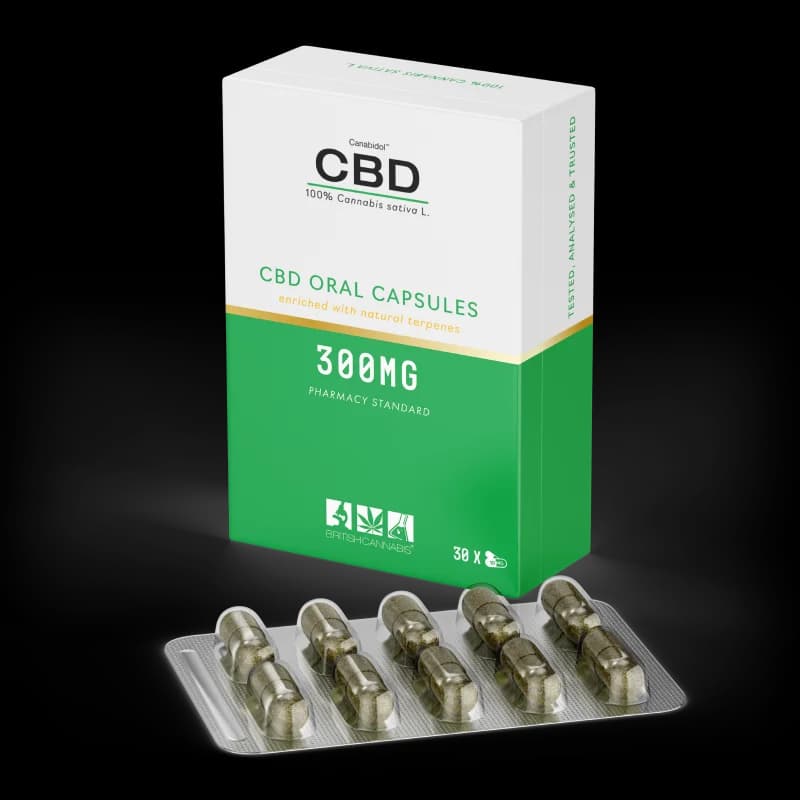 CBD Oral Capsules 300mg carton and blister pack