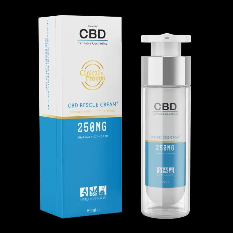 CBD Rescue Cream 250mg pump bottle and carton