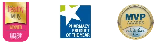 Best CBD Product winner, Pharmacy Product of the Year and MVP Awards Highly Commended badges