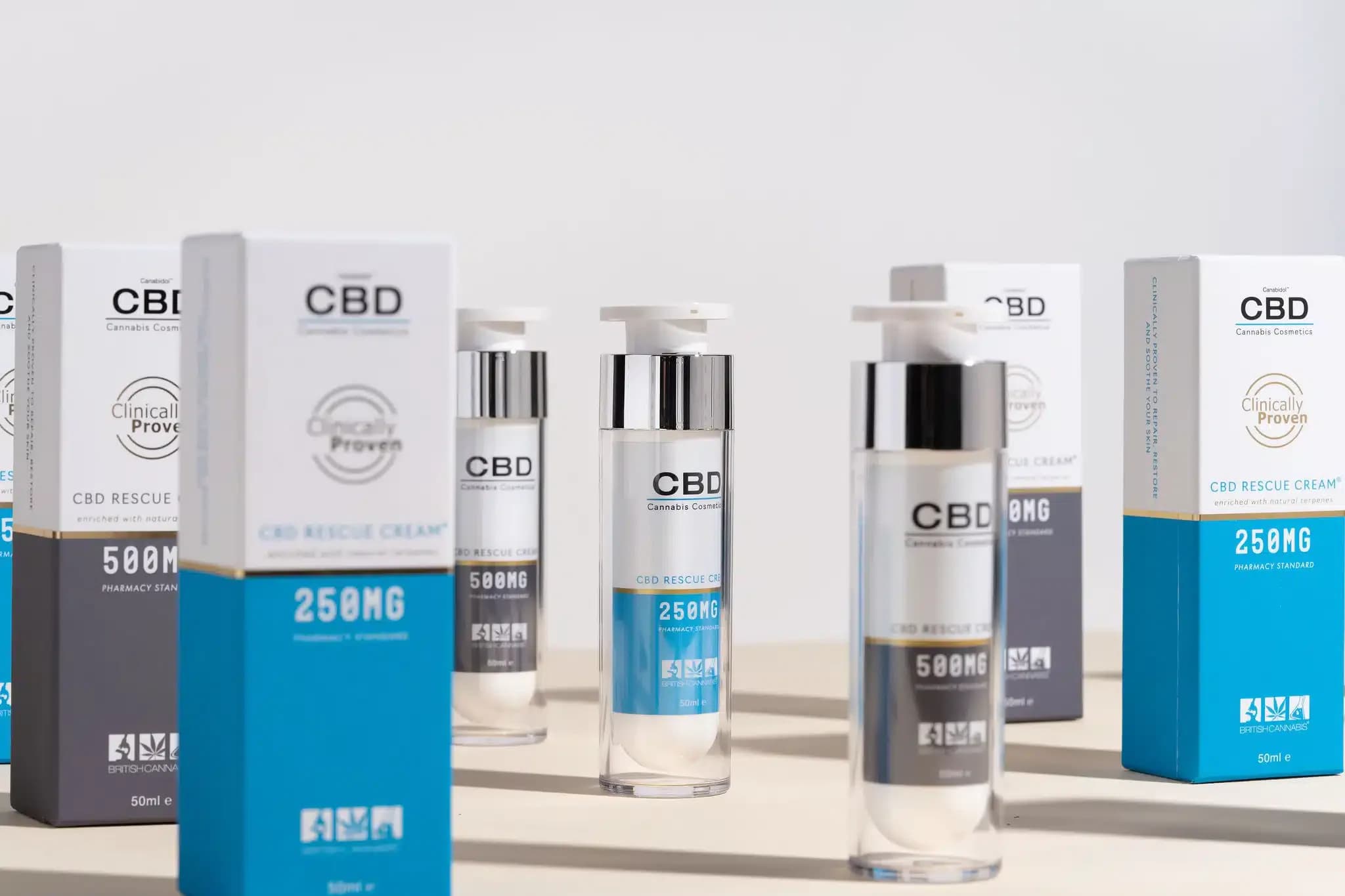 CBD Rescue Cream pump bottles in 250mg and 500mg strengths